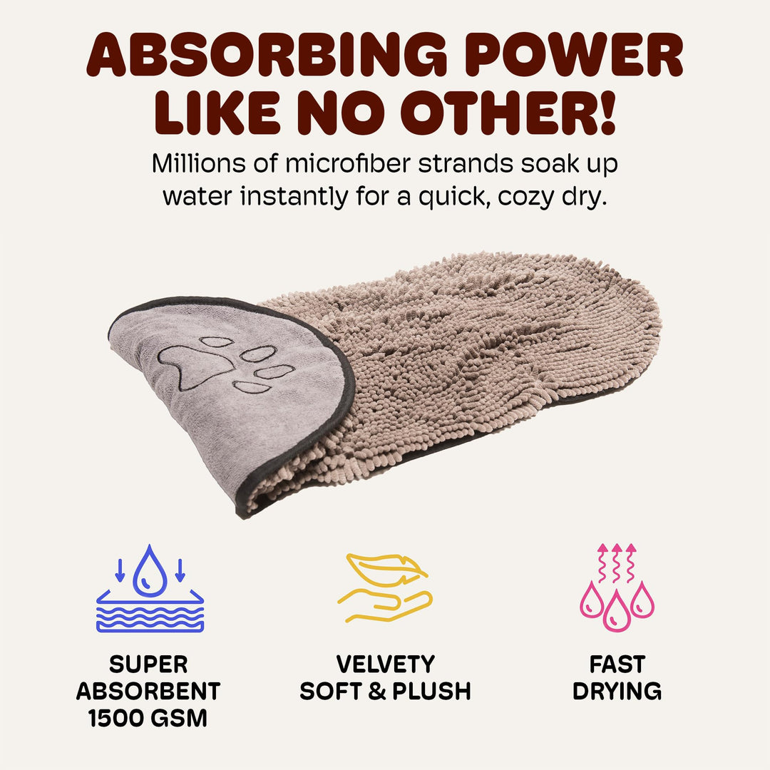 The Dirty Dog Shammy - Fast Drying Plush Shammy Towel with Dual Hand Pockets and Elastic - Super Absorbent Microfiber and Machine Washable - Grey