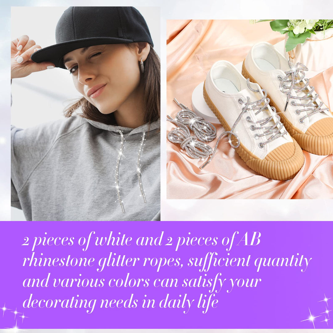 4 Piece Rhinestone Shoe Laces Crystal Glitter Rope Bling Hoodie String Rhinestone Glitter Rope for Sneakers Sweatpants (White, AB Color)