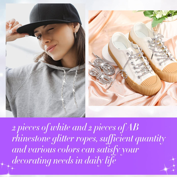 4 Piece Rhinestone Shoe Laces Crystal Glitter Rope Bling Hoodie String Rhinestone Glitter Rope for Sneakers Sweatpants (White, AB Color)