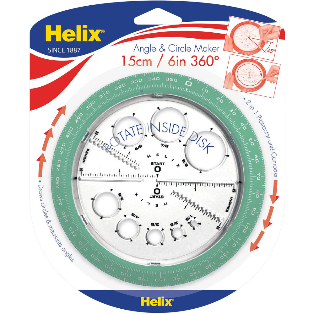 Angle and Circle Maker with Integrated Circle Templates, 360 Degree, 6 Inch / 15cm, Assorted Colors (36002)