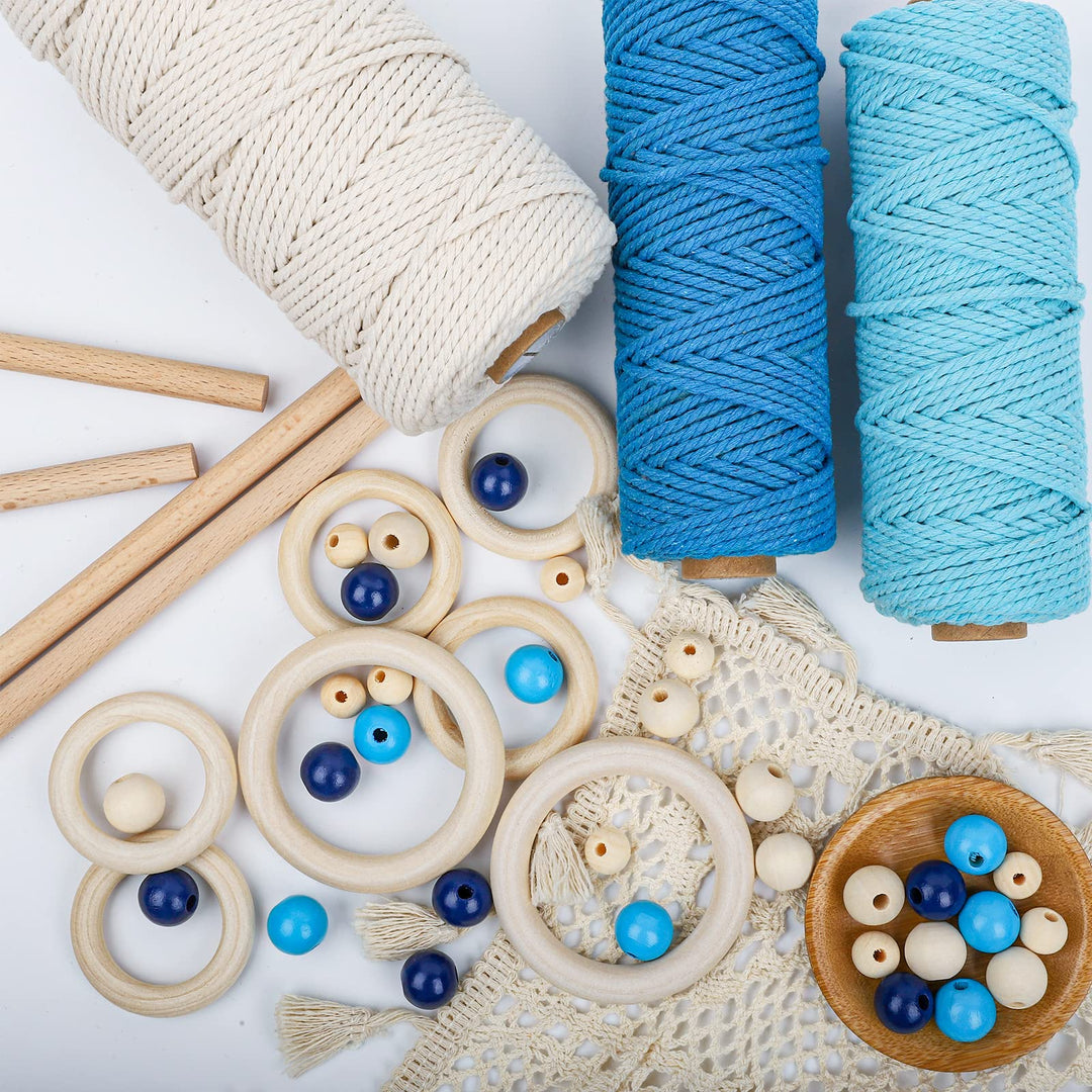 Macrame Cord Kits for Beginner 219 Yard Blue White Macrame Cord 60Pcs Wood Beads 8Pcs Wood Rings 4Pcs Wood Sticks for Plant Hanger Dream Catcher Rings DIY Craft Adults Supplies