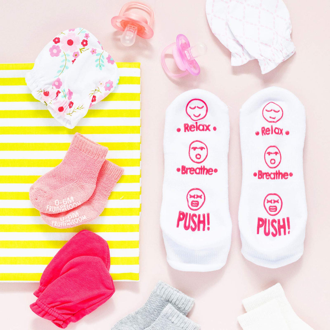 Labor and Delivery Socks - Funny Push Gift for New Mom to Be (Relax, Breathe, Push)
