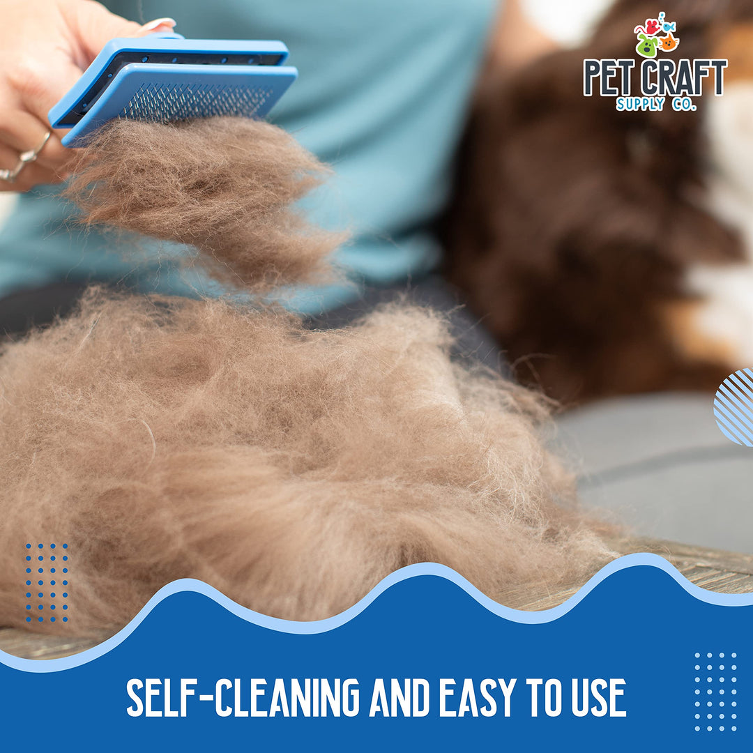 Self Cleaning Grooming Slicker Pet Brush for Cats and Dogs Short Long Haired Fur Small Medium Large Metal Pin Bristle Comb Undercoat DeShedding DeMatting Detangler Puppy Kitten Blue
