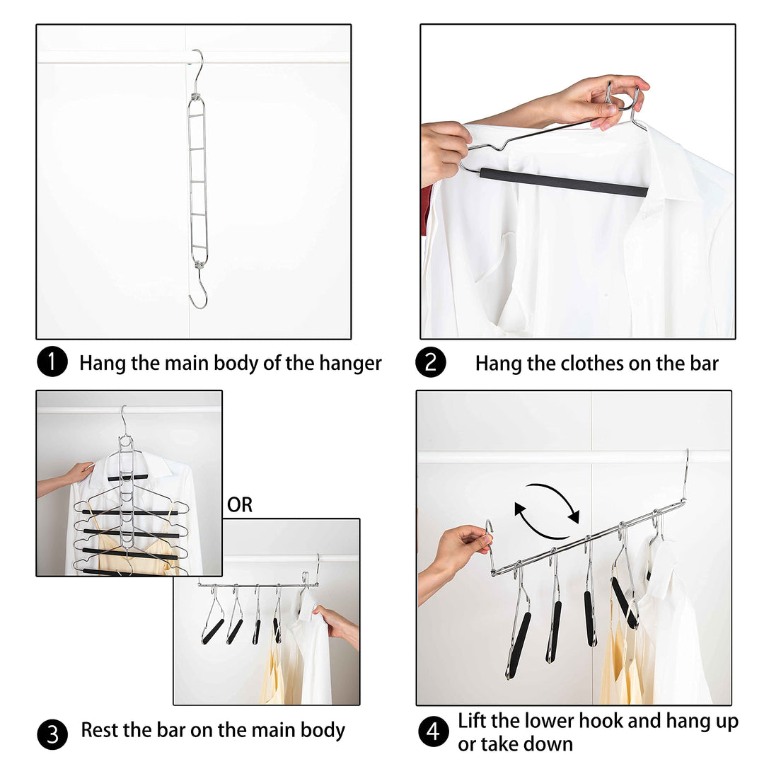 2 Pack Multi Layer 5 in 1 Metal Suits Pants Hangers, Closet Storage Organizer with 2 Swivel Hooks, Detachable Space Saving Anti Slip Clothes Hangers for Shirt Sweater Jeans Slacks Dresses