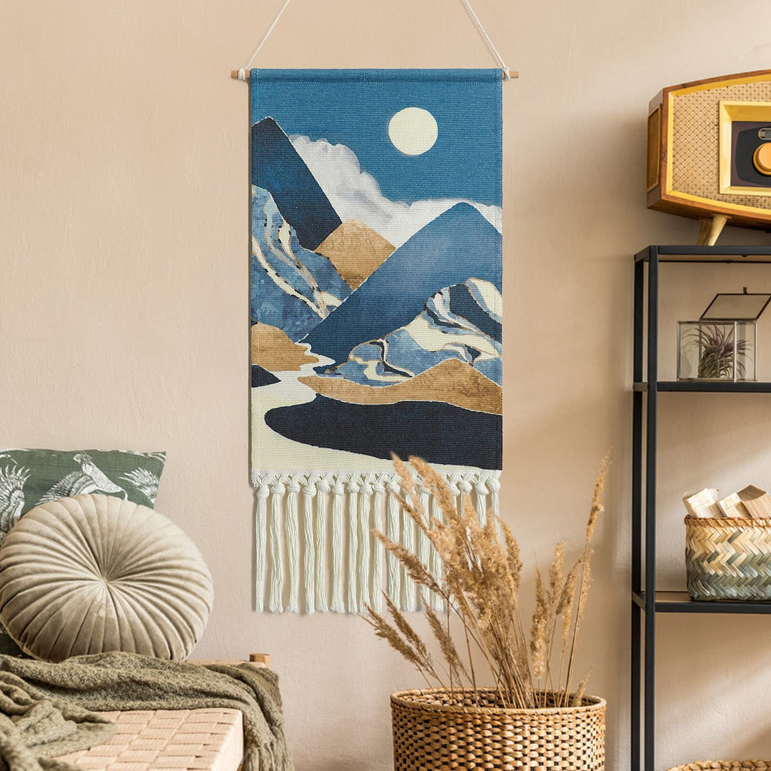 Macrame Woven Wall Hanging Tapestry Boho Wall Art Moon Mountain Chic Home Decor Bohemian Aztec Apartment Dorm Room Backdrop Decoration (Blue)