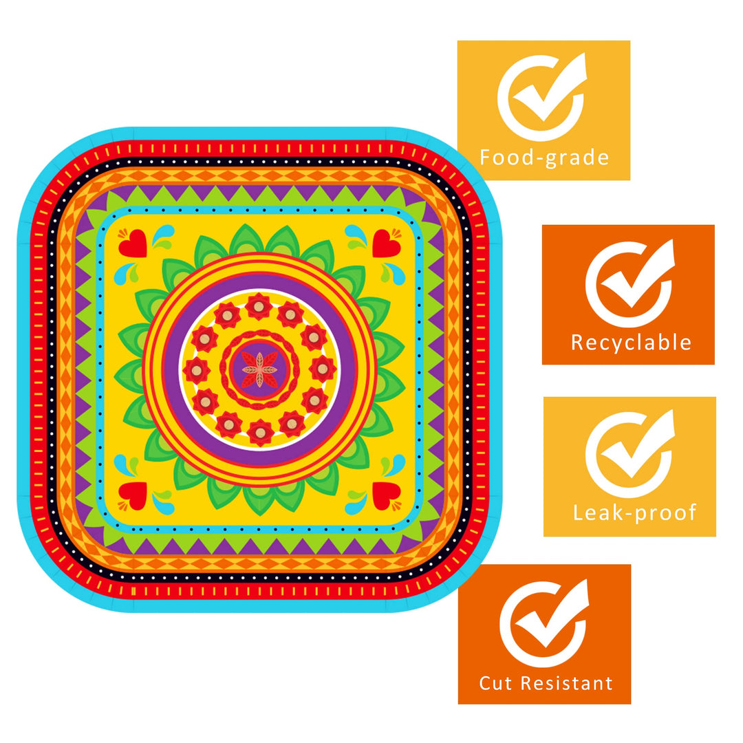 24 Pack 9 Mexican Fiesta Dessert Paper Plates Mexico Cactus Colorful Square Disposable Dinner Party Plates Set Mexican Fiesta Theme Paper Plates Baby Shower Birthday Party Supplies