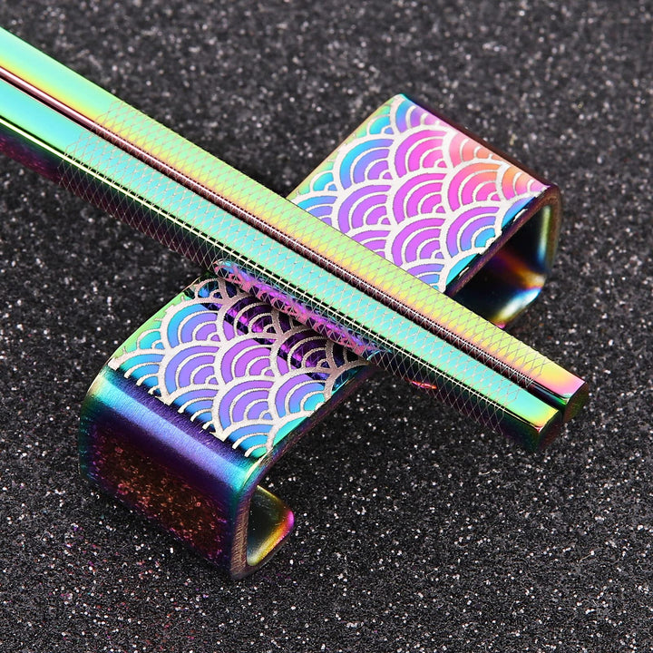 Metal Chopsticks Reusable 2 Pairs Titanium Plated Stainless Steel18/8 Chopsticks with Holder, Dishwasher Safe Lightweight Japanese Style Chopsticks Gift Set(Rainbow Gradient)