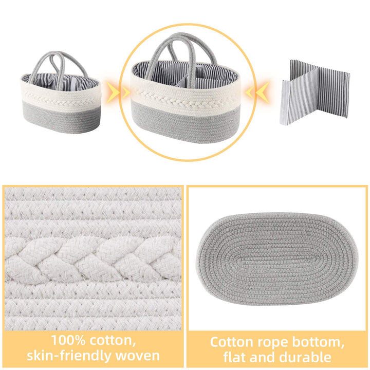 Baby Diaper Caddy Organizer, Portable Diaper Caddy Basket for Baby Boys and Girls, Cotton Rope Diaper Basket Organizer - Baby Basket with Compartments (Grey)