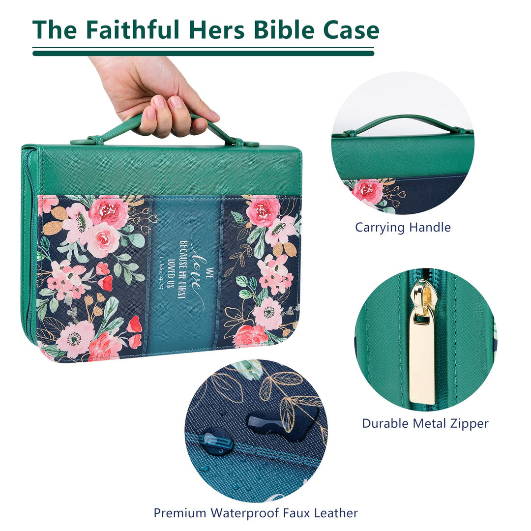 Bible Cover Case for Women with 7 Beautiful Paper Bookmarks Floral PU Leather Bible Cover Bag with Pockets and Zipper for Standard and Large Size Study Bible 10.8x7.8x2 (Dark Green)