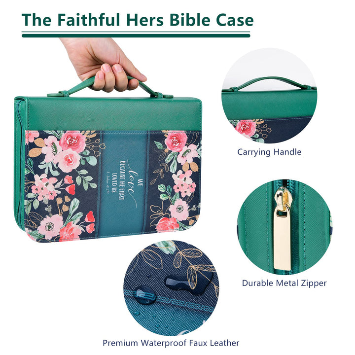 Bible Cover Case for Women with 7 Beautiful Paper Bookmarks Floral PU Leather Bible Cover Bag with Pockets and Zipper for Standard and Large Size Study Bible 10.8x7.8x2 (Dark Green)