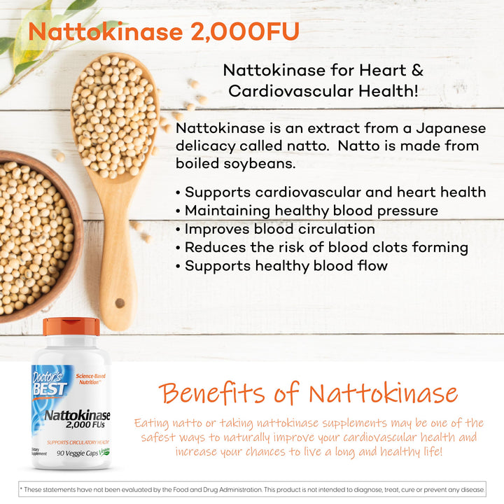 Doctor&#39;s Best Nattokinase - 2, 000 FU of Enzyme, Supports Heart Health &amp; Circulatory &amp; Normal Blood Flow, Non-GMO, Gluten Free, Vegan, 90 VC (DRB-00125)