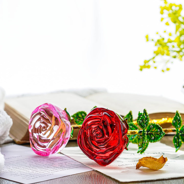 HDCRYSTALGIFTS Crystal Rose Flower Glass Pink and Rose 