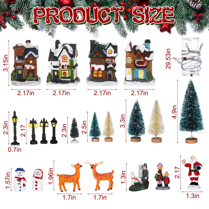 31 Pcs Christmas Village Figurines Decoration Set Lighted LED Christmas Village Houses with Figurines and Snow Blanket Roll for Christmas Town Scene Desktop Ornaments Battery Operated Landscape Decor