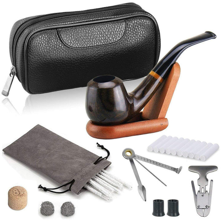 Luxury Tobacco Smoking Pipe Set, Deepened &amp; Windproof Wooden Pipe with Leather Tobacco Pouch, Wood Stand and Smoking Accessories