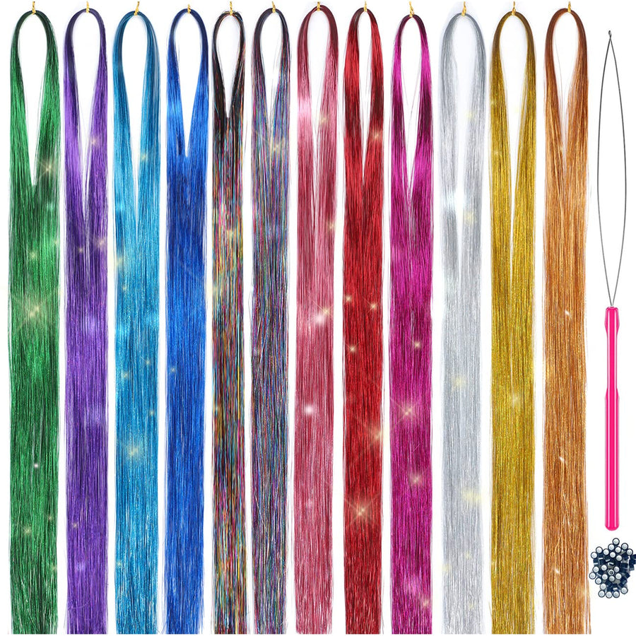 Hair Tinsel Kit Strands With Tool 47 Inch 12 Colors 2100 Strands Fairy Hair Tinsel Kit Hair Extensions Sparkling Glitter Shiny Silk Tinsel for Women Girls Hair for Christmas Decorations (12 colors)