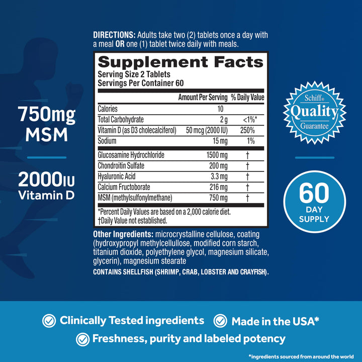 Advanced Glucosamine Chondroitin MSM + Vitamin D3 Joint Support Supplement, Supports Mobility Comfort Strength Flexibility &amp; Bone + Immune Health - 120 Tablets (60 servings)*