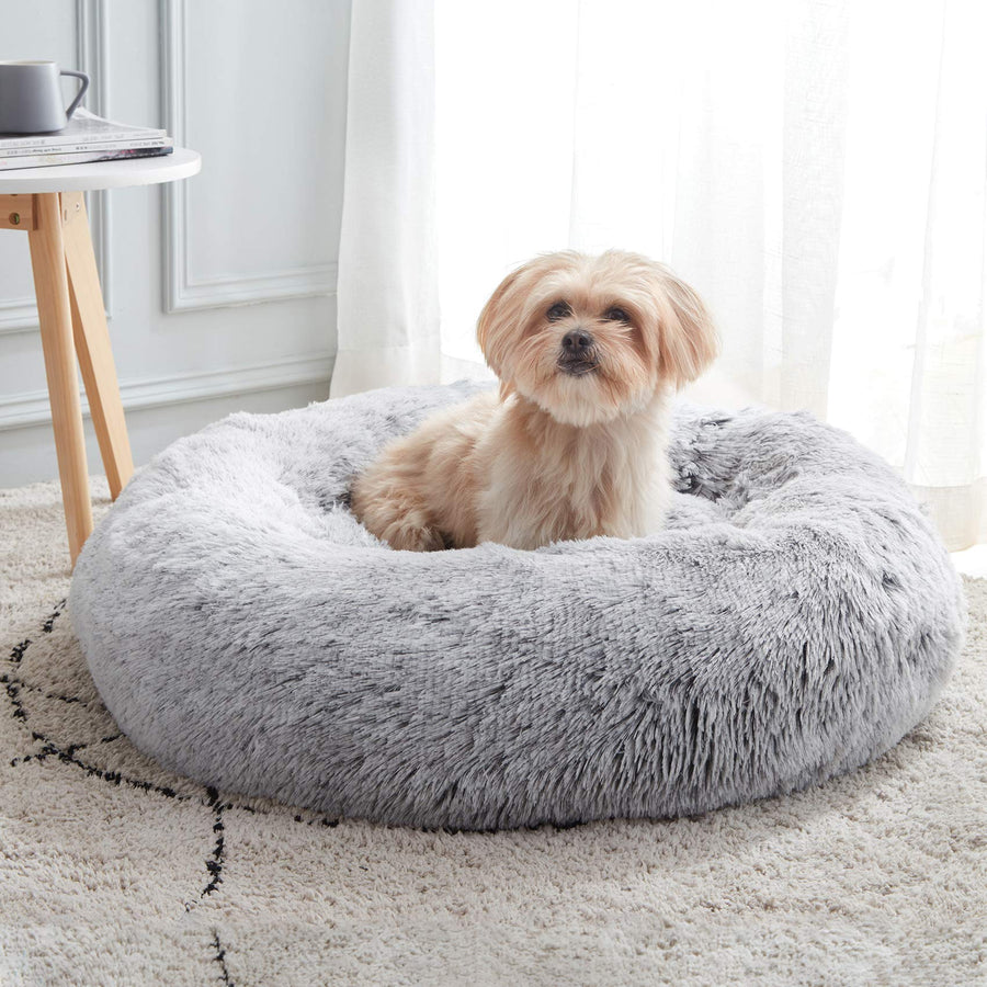 Calming Dog & Cat Bed, Anti-Anxiety Donut Cuddler Warming Cozy Soft Round Bed, Fluffy Faux Fur Plush Cushion Bed for Small Medium Dogs and Cats (20/24/27/30)