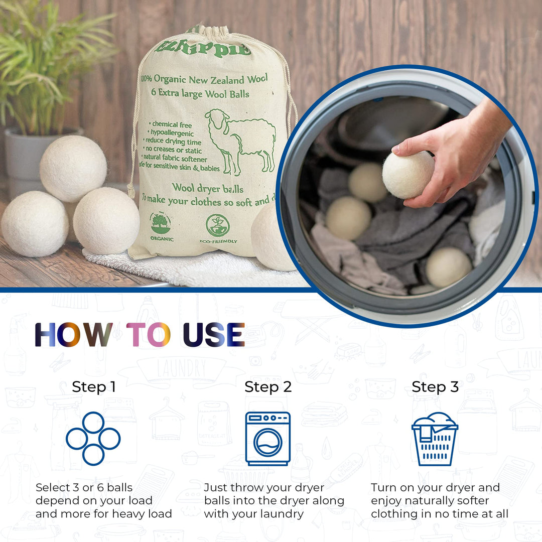 Ezhippie Quality Wool Dryer Balls - 6 XL Pack - 1000+ L
