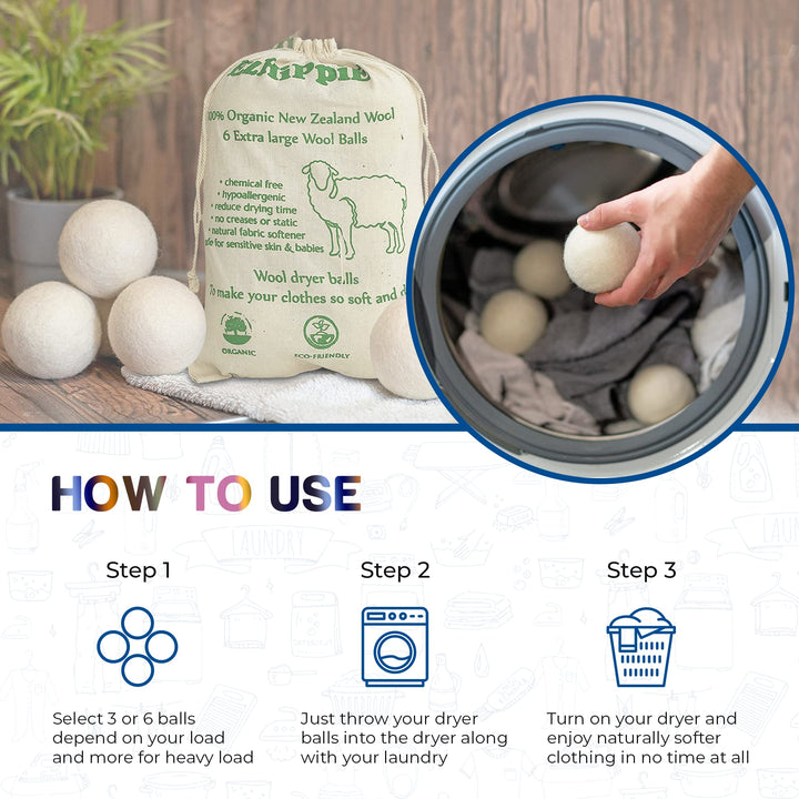 Ezhippie Quality Wool Dryer Balls - 6 XL Pack - 1000+ L