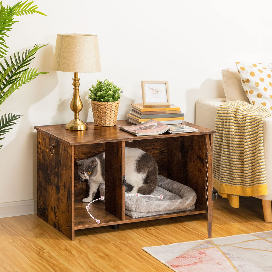 Cat Litter Box Enclosure, Hidden Litter Box Furniture with Louvered Door, Spacious Hidden Litter Cabinet with Divider, Cat Furniture Cabinet, 31.5 L x 17.7 W x 18.1 H, Rustic Brown BF07MW01