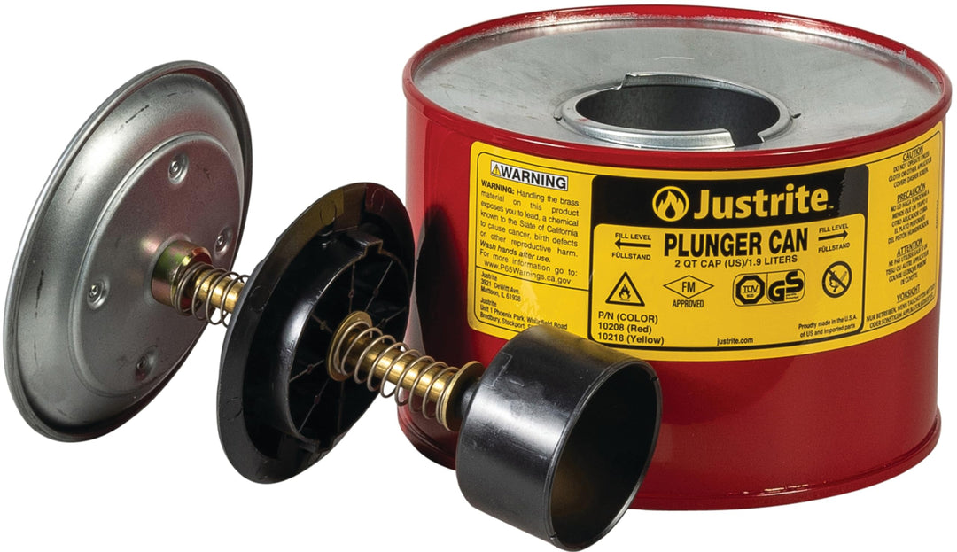 Plunger Can for Solvents, 2 Quarts Capacity, 7.4 x 7.25 Steel Push-Down Solvent Dispenser Can, Made in The USA Industrial Mechanic Tools, Red, 10208