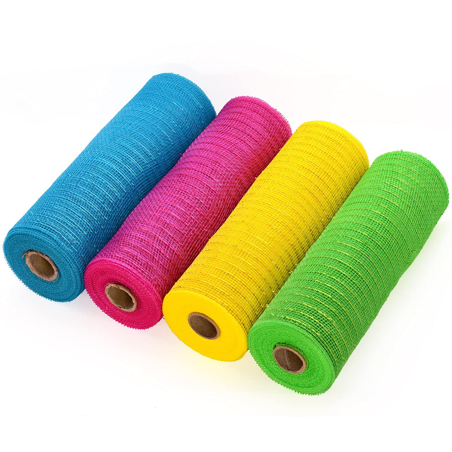 Deco Mesh 10 inch x 10 Yards - Summer Colors Metallic Foil Poly Mesh Ribbon for Wreaths, Swags, Craft, Party and Decorating Supplies - 4 Rolls(Turquoise, Fuchsia, Green, Yellow)