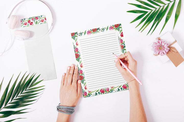 Floral Paper Stationery Set, 100 Piece Set (50 Lined Sheets + 50 Matching Envelopes), Letter Size 8.5 x 11 inch, 6 Designs, Double Sided/Lined Printing Paper,