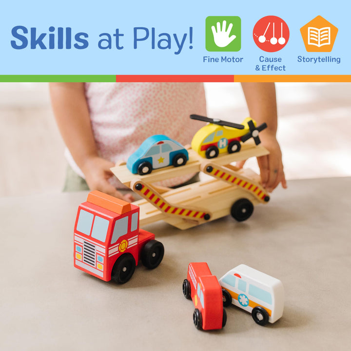 Melissa &amp; Doug Wooden Emergency Vehicle Carrier Truck With 1 Truck and 4 Rescue Vehicles