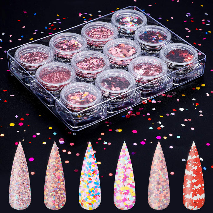 12 Boxes Holographic Nail Art Sequins Valentine's Day Glitter Nail Sequins Powder Iridescent Nail Flakes Mixed Laser Confetti for Nail DIY Art Makeups Supplies (Rose Gold)