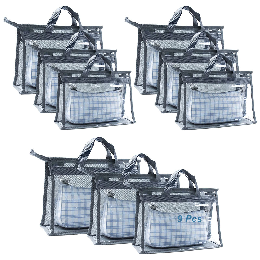 9Pcs Clear Handbag Storage Dust Cover Organizer Bags, Transparent Dustproof Purse Protector Storage Bag with Zipper Handles for Closet Shelf-3 Sizes (Grey)