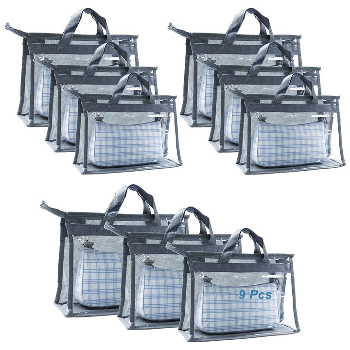 9Pcs Clear Handbag Storage Dust Cover Organizer Bags, Transparent Dustproof Purse Protector Storage Bag with Zipper Handles for Closet Shelf-3 Sizes (Grey)