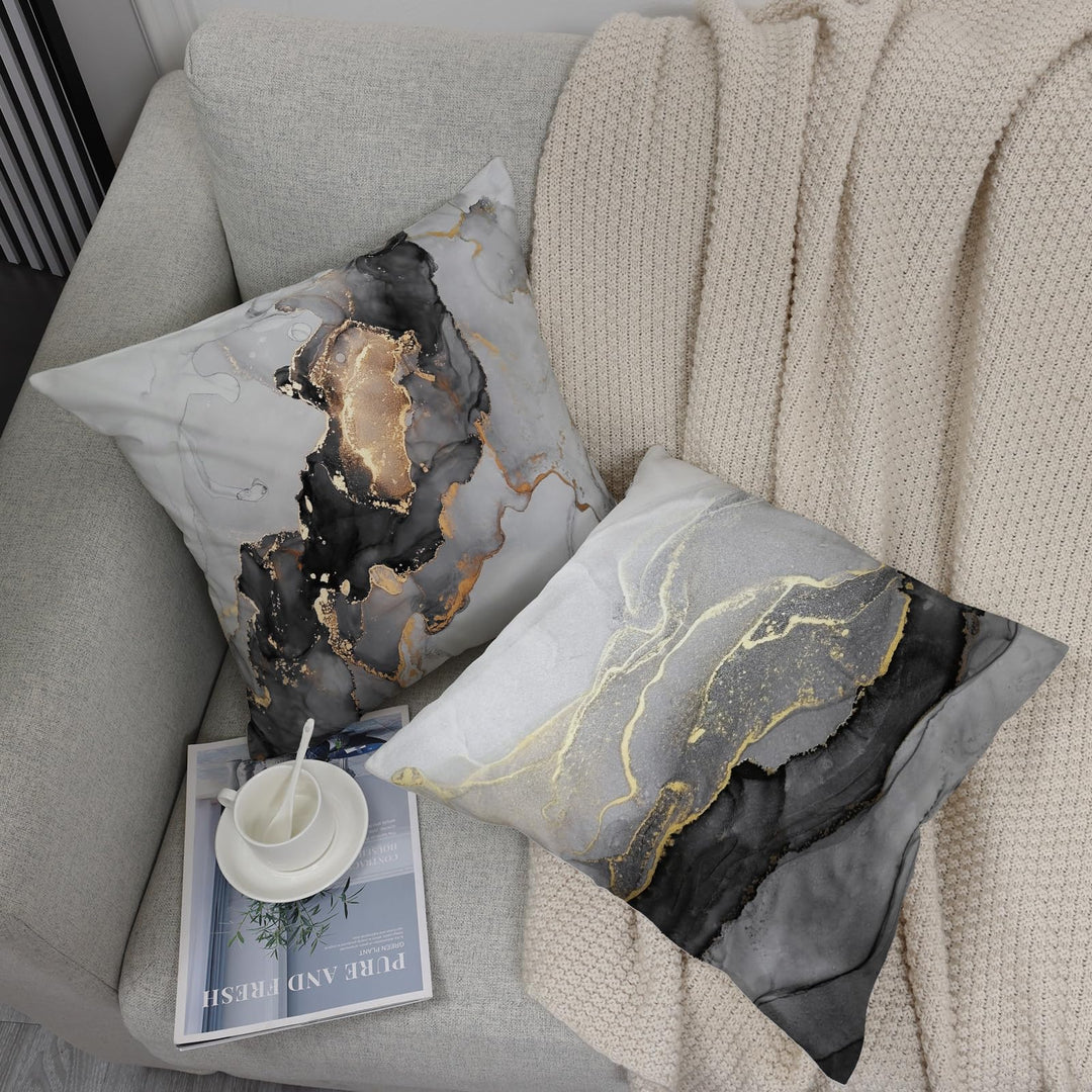 Marble Texture Black and Gold Silver Decorative Throw Pillow Covers Luxury Abstract Fluid Art Ink Soft Velvet Pillow Case Square Cushion Covers for Couch Living Room 18 x 18 Inch Set of 4
