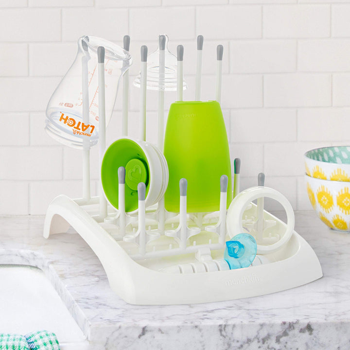 Munchkin Fold Baby Bottle Drying Rack and Bristle Bottle Brush Cleaning Essentials Set, White/Grey