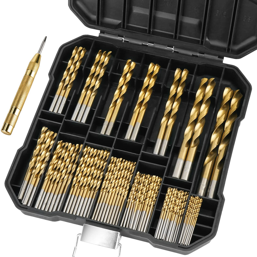 99PCS Titanium Coated Drill Bit Set, 135 Degree Tip HSS Bits Kit with Storage Case for Aluminum, Copper, Soft Alloy Steel, Wood, Plastic Size from 1/16 to 3/8