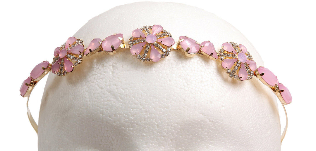 Pink Rose Design on Gold Color Metal Headband of Swarovski Rhinestone