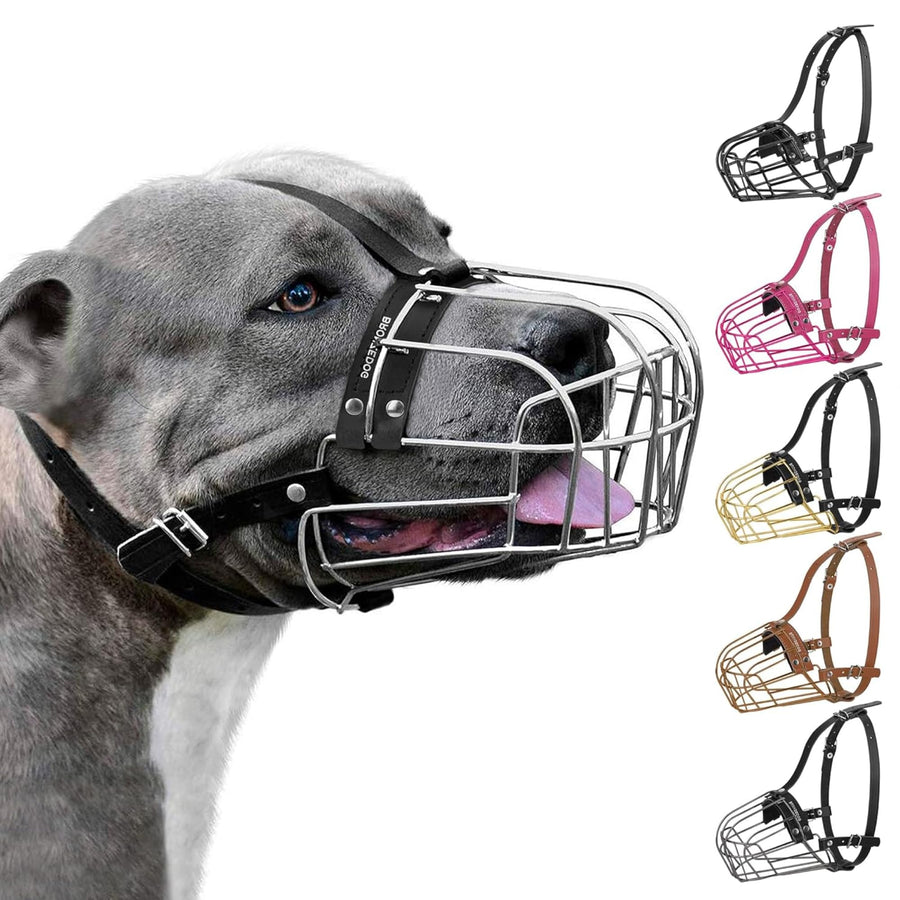 Pitbull Dog Muzzle Metal Mask Amstaff Wire Basket Pit Bull Adjustable Leather Straps for Large Dogs (Steel)