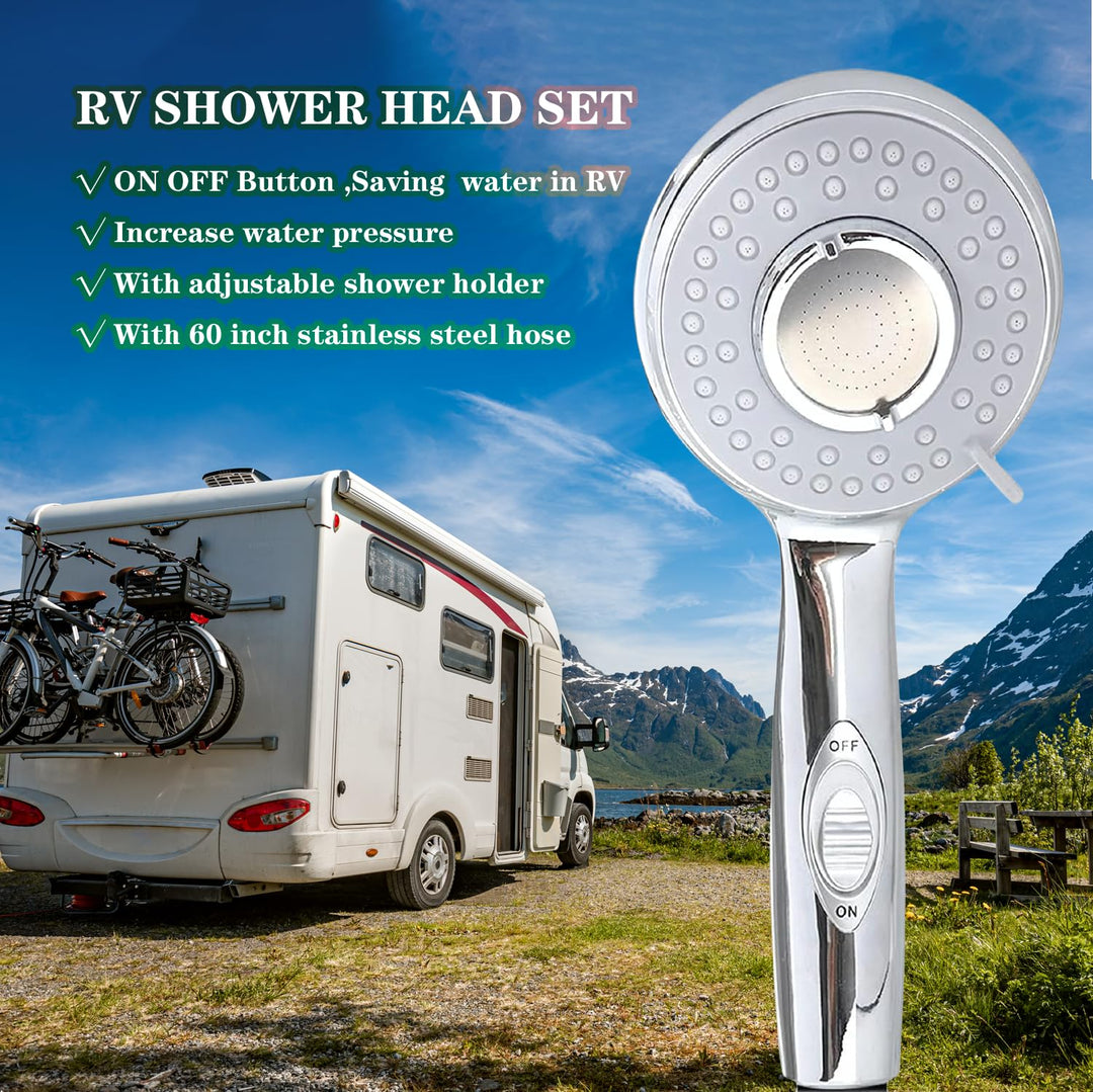 RV Shower Head with Hose and on off switch - High pressure shower head replacement for Bath roomRVMotor homeBoatTravel Trailer and Camper - with Stainless Steel 60&#39;&#39; Hose and bracket