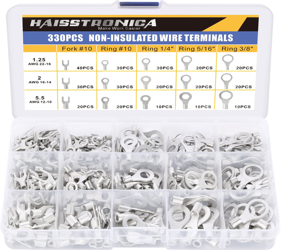 330PCS Non-Insulated Wire Connectors Kit,Brazed Seam Fork Ring Terminals of Tinned Red Copper,AWG 22-10 Electrical Wire Crimp Connectors