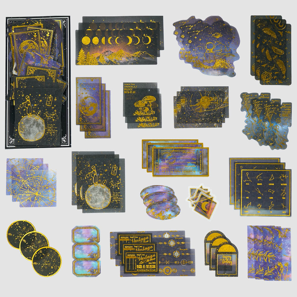 Celestial Black Gold Foil Stickers Set (60 Pieces) - Decorative Planet Moon Space Galaxy Astronomy Planner Sticker for Scrapbooking Bullet Journaling Junk Journal DIY Art Crafts Album Calendars