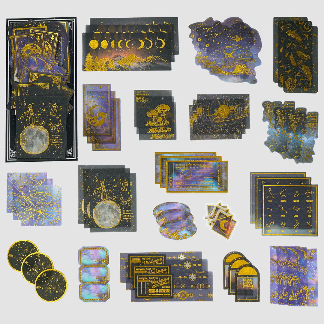 Celestial Black Gold Foil Stickers Set (60 Pieces) - Decorative Planet Moon Space Galaxy Astronomy Planner Sticker for Scrapbooking Bullet Journaling Junk Journal DIY Art Crafts Album Calendars