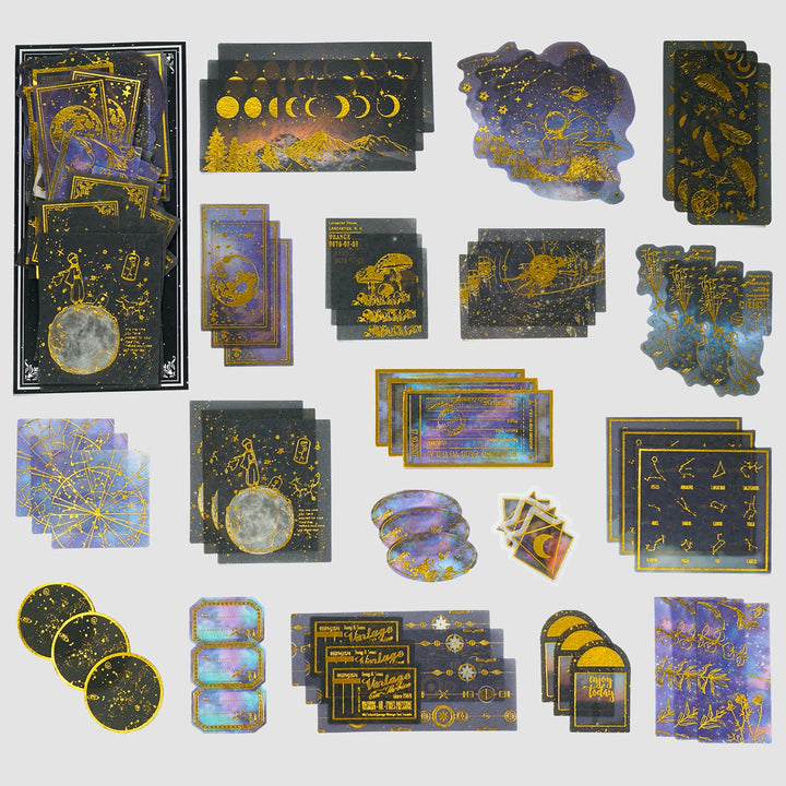 Celestial Black Gold Foil Stickers Set (60 Pieces) - Decorative Planet Moon Space Galaxy Astronomy Planner Sticker for Scrapbooking Bullet Journaling Junk Journal DIY Art Crafts Album Calendars