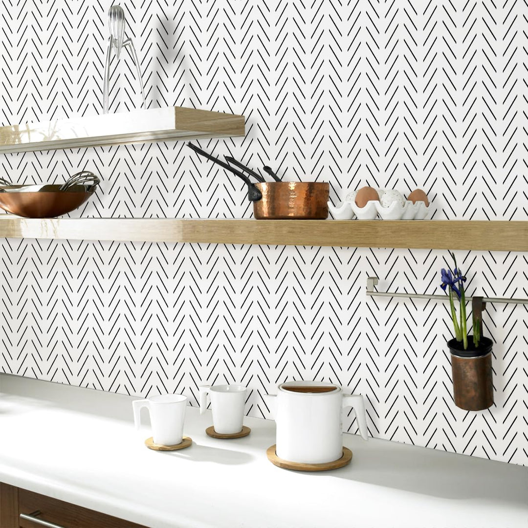 Black and White Peel and Stick Wallpaper Modern Herringbone Contact Paper Bathroom 17.7inch x 78.7inch Geometric Removable Wall Paper Peel and Stick Self Adhesive Contact Paper