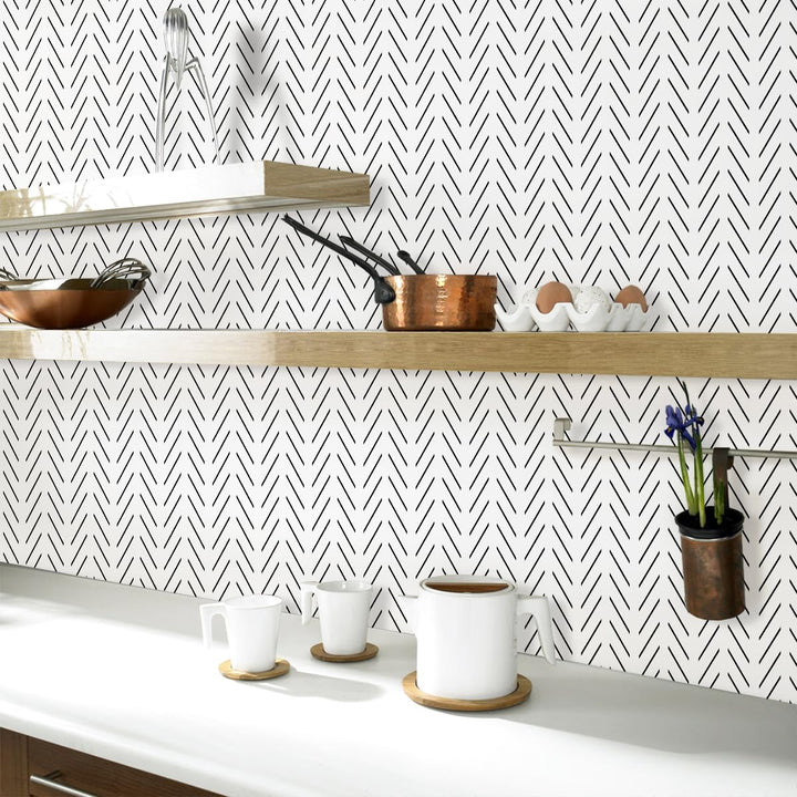 Black and White Peel and Stick Wallpaper Modern Herringbone Contact Paper Bathroom 17.7inch x 78.7inch Geometric Removable Wall Paper Peel and Stick Self Adhesive Contact Paper