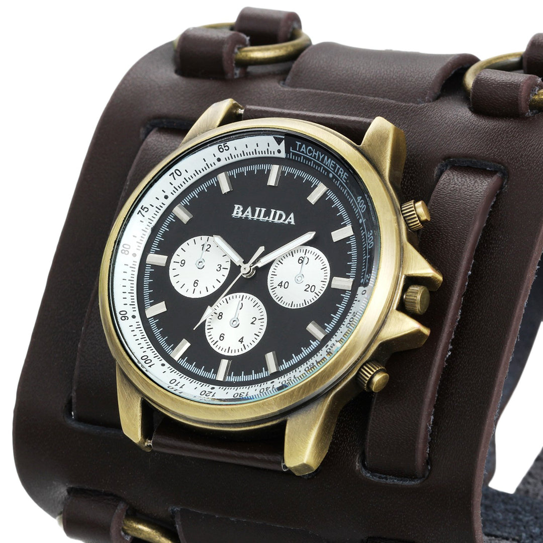 Mens Retro Steampunk Rock Black Wide Leather Bracelet Cuff Watches Big Face Round Dial Analog Quartz Sport Watch [Upgraded] Japanese Quartz Movement Watch (Brown-1)