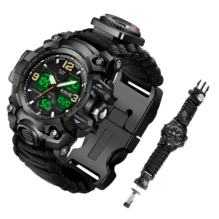Mens Tactical Military Digital Watch, 23-in-1 Survival Multi-Functional Army Outdoors Waterproof Sports Watches LED Electronic Wristwatches with Compass Paracord Band