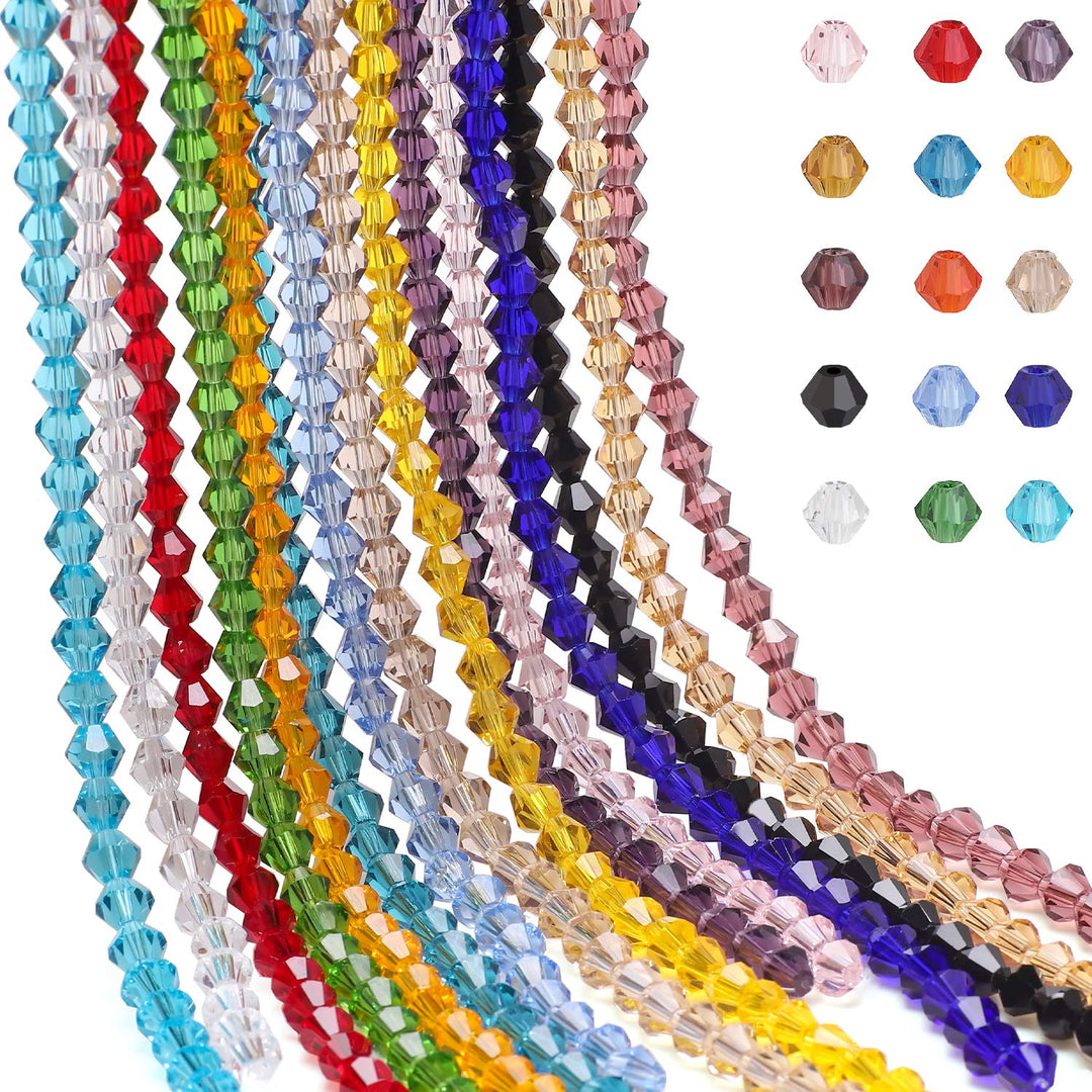 Glass Beads for Jewelry Making, 4MM Bicone Bead, 15 Colors Total 1425 Pcs Faceted Crystal Beads with Elastic Strings for DIY Jewelry Making Beading Necklace Earrings Rings LUBEADS