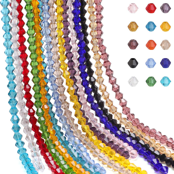 Glass Beads for Jewelry Making, 4MM Bicone Bead, 15 Colors Total 1425 Pcs Faceted Crystal Beads with Elastic Strings for DIY Jewelry Making Beading Necklace Earrings Rings LUBEADS