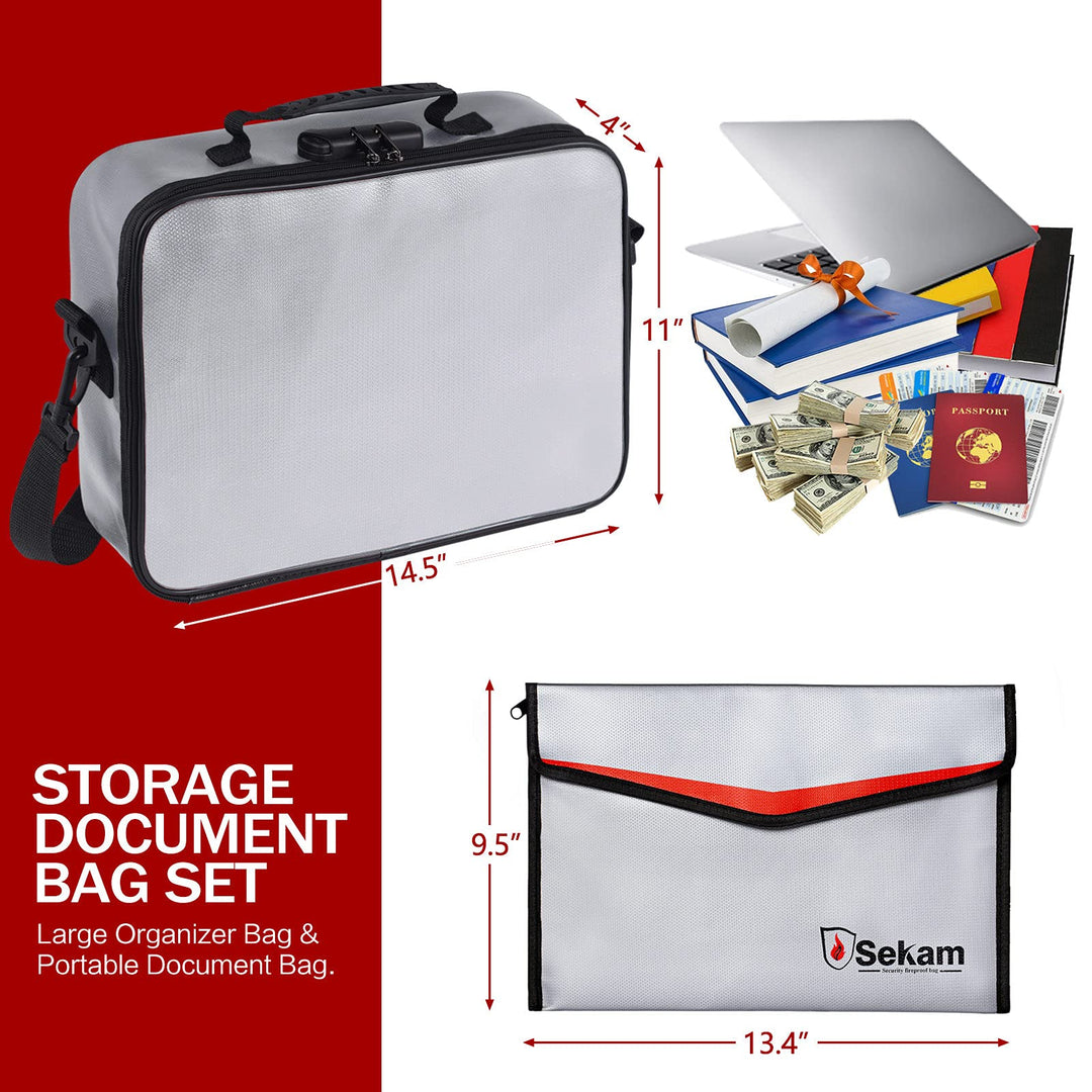 Fireproof Document Bag with Lock &amp; Fireproof Money Bag for Cash Set, Fireproof Document Safe Organizer for Travel, Fireproof File Storage Bag with Lock, Multi-Layer Portable File Organizer Gray