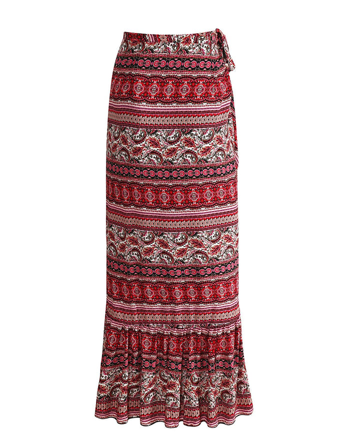 Women Boho Print High Waist Side Wrap Bohemian Asymmetric Hem Maxi Long Wrap Skirts One Size(red)