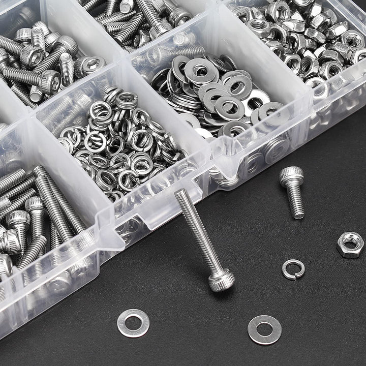 500 Pieces M3 x 6mm /8mm /10mm /12mm /16mm /20mm, Hex Socket Head Cap Metric Screws Bolts Washers Nuts Kit, 304 Stainless Steel